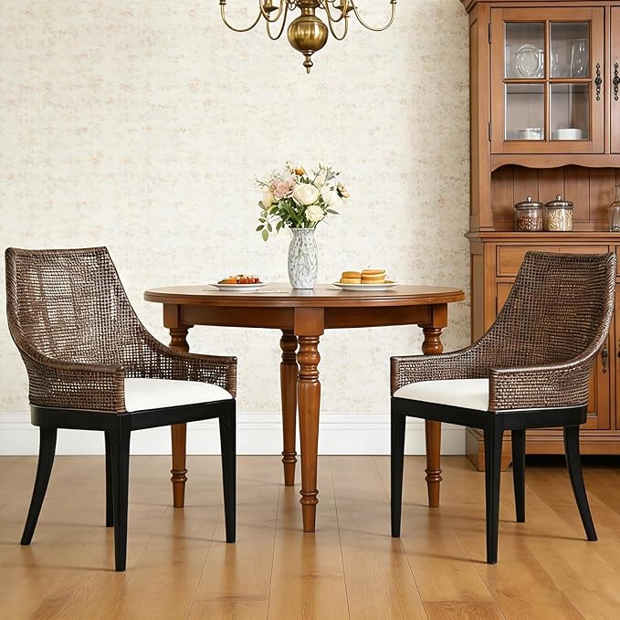 DUHOME 2 Sets Natural Cane Mesh Rattan Accent Chairs Tropical Coastal Woven Back Armchairs with Beige Fabric Cushion &amp Black Tapered Wood Legs Coastal Chairs for Living Room Bedroom