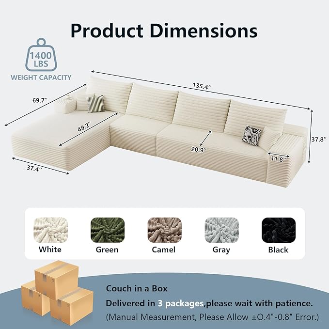 135.5 Cloud Sectional Couch with L-Shape Chaise Corduroy Boneless Couch for Living Room Modern Memory Foam Sofa with Deep SeatNo Assembly Required(WhiteLeft Facing Chaise)