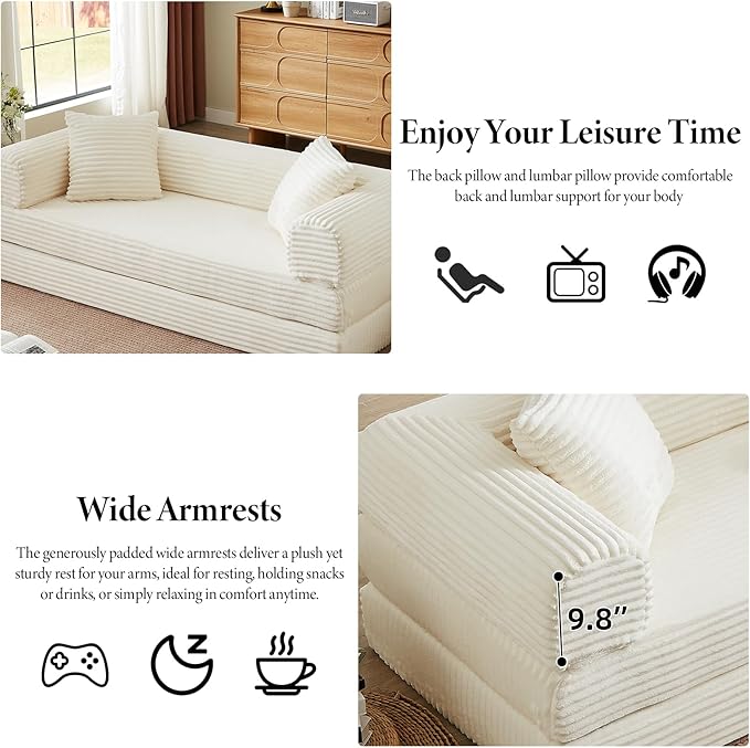 Folding Convertible Sleeper Sofa Bed Corduroy Upholstered Boneless Couch with Pillows Modular Floor Sofa Compression Couch for Living Room No Assembly Required (Beige)