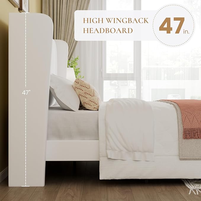 SHA CERLIN King Size Velvet Upholstered Platform Bed Frame with Vertical Channel Tufted Wingback Headboard Wooden Slats Support Easy Assembly Under Bed Storage No Box Spring Required White