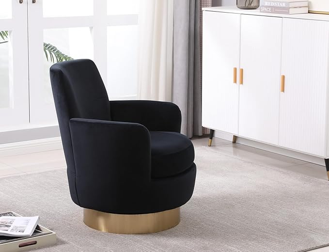 KEIKI Velvet 360° Swivel Barrel Chair with Gold Stainless Steel Base Accent Round Single-seat Upholstered Reading Sofa Armchair for Nursery Reading Living Room Bedroom Lounge Hotel Black Velvet