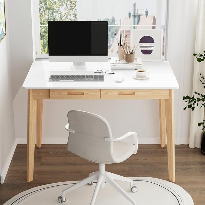 FUFU&ampGAGA 39” Office Desk Rectangular Computer Desk with 2 Drawers Writing Table for Reading Crafting Home Office Study Room White and Oak 39.4”W x 21.7”D x 29.5”H