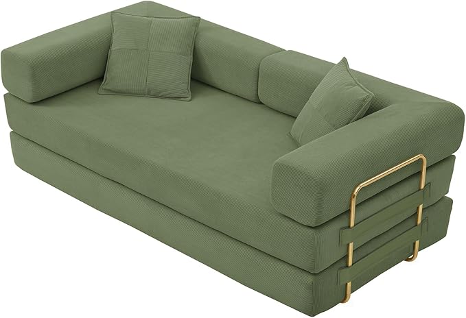 4-in-1 Folding Convertible Sofa Bed 78 Inch Oversized Corduroy Upholstered Boneless Couch Loveseat Sleeper with Pull Out Bed Floor Sofa Modular Futon Couch for Living Room Bedroom Lounge Green