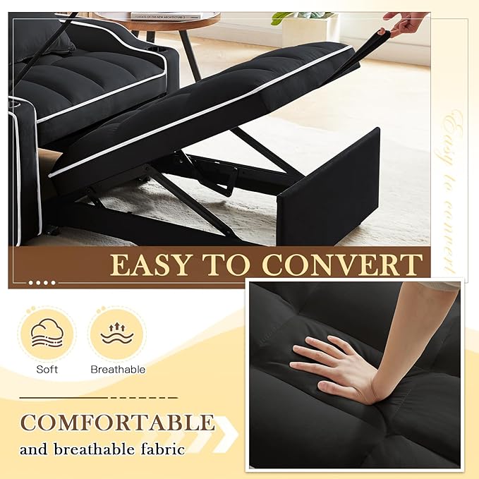 Convertible Sleeper Sofa Chair Bed 3 in 1 Tufted Velvet Pull Out Sleeper Chair with Adjustable Backrest &amp Phone Holder Modern Single Sofa for Living Room Small Spaces Apartment Black