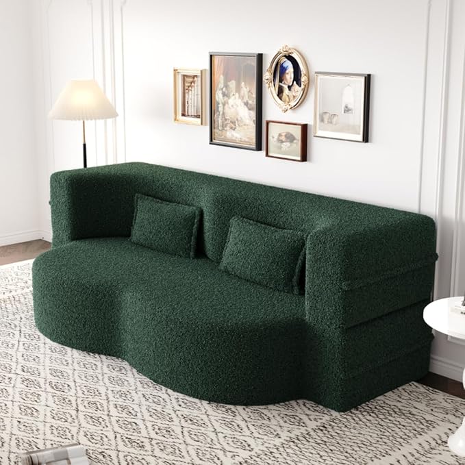 Convertible Sofa Bed Full Size｜78 Sleeper Couch with 2 Pillows｜Boucle Fabric Folding Sofa Bed｜High-Density Foam｜No Assembly｜Space-Saving｜for Living Room Guest Room｜Green