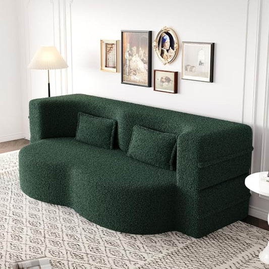 Convertible Sofa Bed Full Size｜78 Sleeper Couch with 2 Pillows｜Boucle Fabric Folding Sofa Bed｜High-Density Foam｜No Assembly｜Space-Saving｜for Living Room Guest Room｜Green