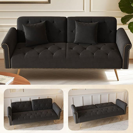 KEIKI 70 Folding Futon Sofa Couch w/Adjustable Backrest Mid Century Modern Loveseat Convertible to Sleeper Bed Small Comfy Velvet Cloud Couch SofaBed for Living Room &amp Bedroom 2 Pillows Black