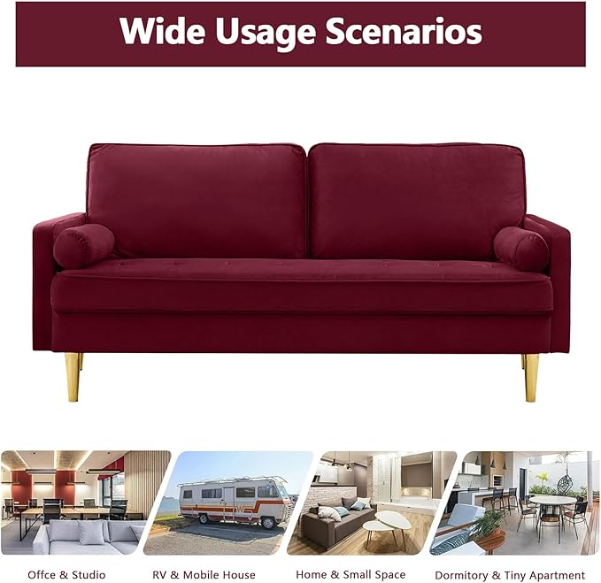65 Love Seat Sofa Velvet Small Sofa Small Couch for Bedroom Living Room Bedroom Loveseat with 2 Pillows Gold Legs Modern Tufted Seat Upholstered Seating for Office Apartment (Red)