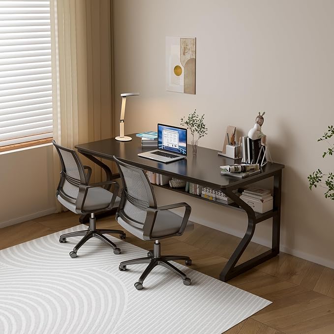 Extra Long Desk with Bookshelf - 55 Double Long Writing Table for 2-Person Workstation Modern Study Work Computer Desk for Home and Office Black