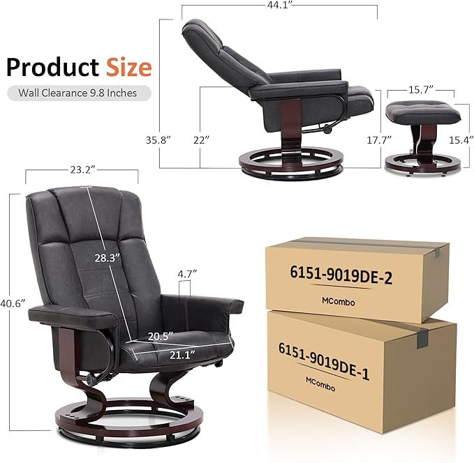 MCombo Manual Swivel Recliner with Ottoman Chair Ottoman Set for RV Small Spaces Living Room Bedroom Office 9019 4919 (Faux Leather Dark Grey)