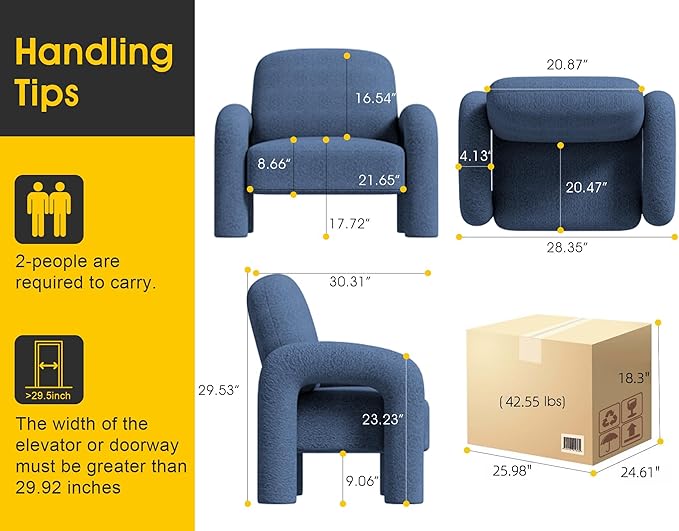 Modern Sherpa Accent Chair Teddy Upholstered Arm Single Sofa Cozy Fluffy Reading Chair for Living Room Bedrooms Corner (Navy Blue)
