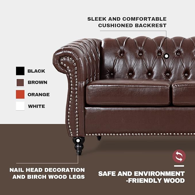 Chesterfield Sofa PU Leather Sofas for Living Room Rolled Arm 3-Seater Couch Deep Button Nailhead Upholstered Couches High-End Furniture 84 Easy to Assemble (Brown)