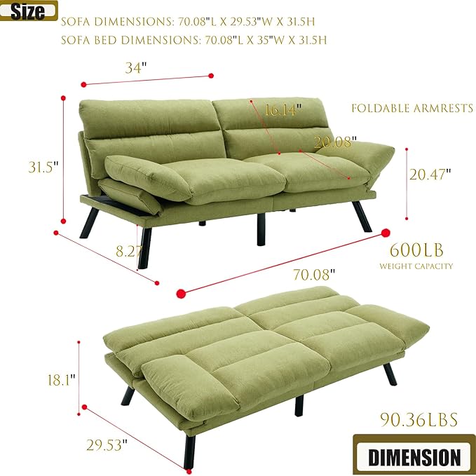 70Modern Linen Convertible Folding Futon Couch Sofa Bed Adjustable Pillow Top Arm Memory Foam Couch Double Loveseat Sofa for Compact Living SpaceDormGame StudioApartmentBedroom (Green)