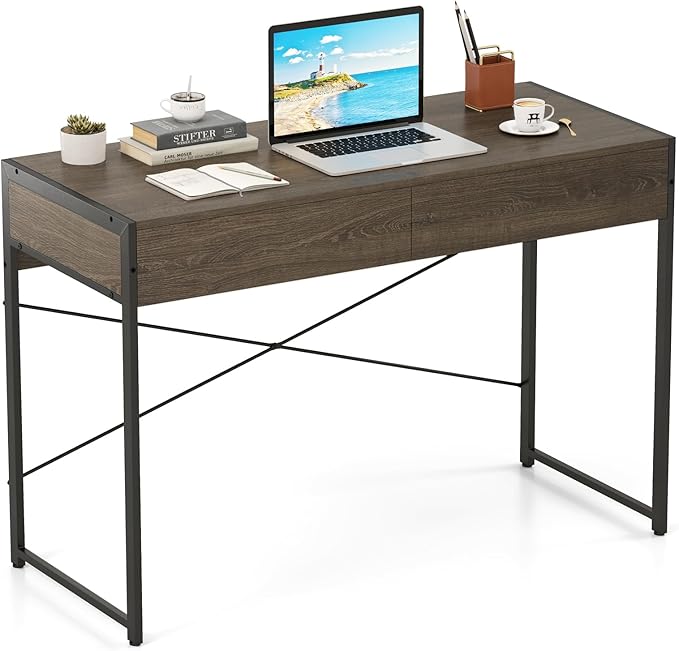 Giantex Computer Desk with 2 Drawers 44 Inch Home Office Desk with Anti-Toppling Device &amp Metal Frame Compact Laptop PC Table Vanity Table Modern Study Writing Desk for Small Spaces (Grey Oak)