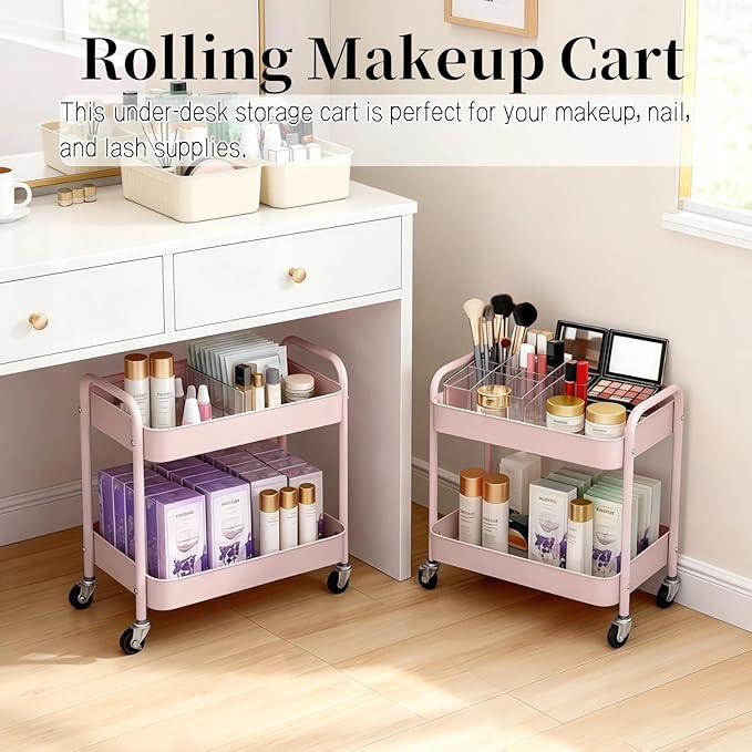 2 Tier Pink Rolling Cart with Wheels for Under Desk Storage Large Capacity Rolling Pantry &amp Kitchen Storage Cart for Small Space Sturdy Metal Bathroom Shelf Laundry Room Organization