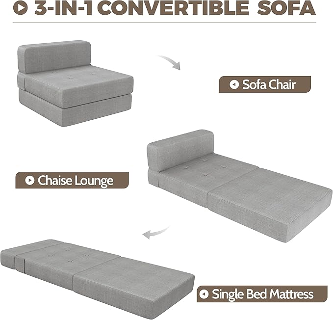 Convertible Folding Sofa Bed Couch - Light Grey Memory Foam Fold Out Couches Modern Linen Foldable Mattress Sleeper Chair for Living Room/Home Office/Apartment