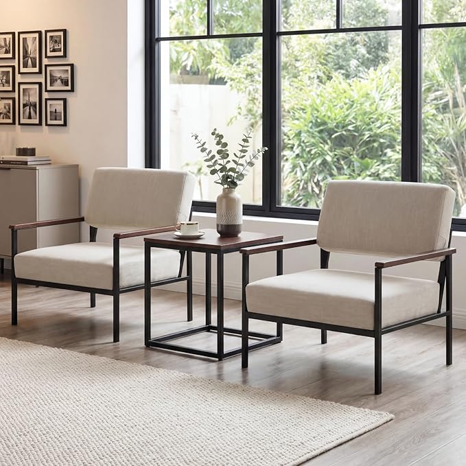 Mid Century Modern Accent Chair Set of 2 Wide Oversized Guest Reception Armchair Linen Fabric Upholstered Comfy Leisure Chair with Black Meta Frame Lounger Chair for Living Room Beige