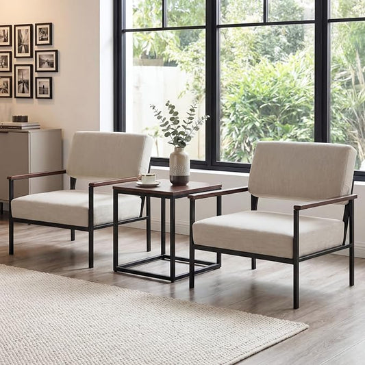 Mid Century Modern Accent Chair Set of 2 Wide Oversized Guest Reception Armchair Linen Fabric Upholstered Comfy Leisure Chair with Black Meta Frame Lounger Chair for Living Room Beige