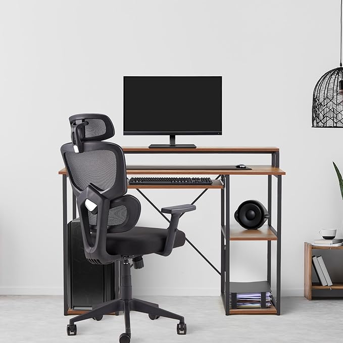 JOMEED Modern 46.5 Inch Computer Desk with Monitor Stand and Storage Shelves for Home Office Spaces Bedrooms or Student Dorms Brown/Black
