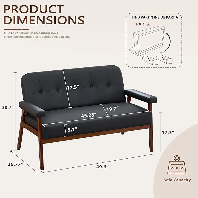 JIASTING 50” Black Leather Loveseat Sofa Mid Century Modern Small Office Love Seat Couch with Wood Arms Two Seater Couches for Small Spaces Living Room Waiting Room Bedroom Black