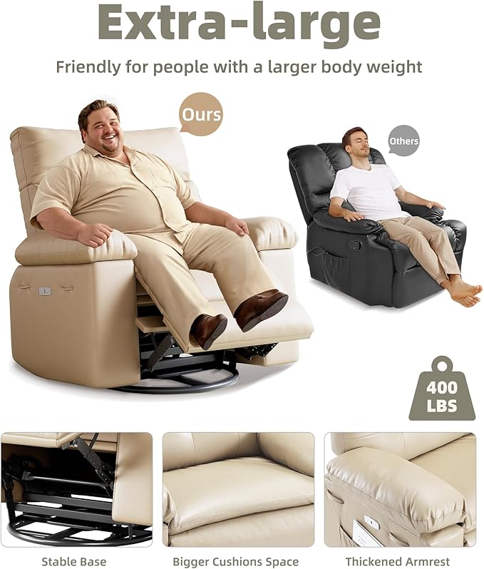 Oversized Swivel Recliner Chair for Adults 400LB Capacity Manual Recliner with 1.5X Plush Cushion 3-Position PU Leather Lounge &amp Nursery Recliner for Living Room &amp Bedroom