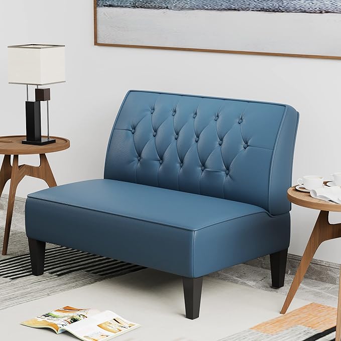 Alunaune Upholstered Blue Loveseat Bench Couch for Bedroom Modern Cushioned Armless Settee Small Love Seat Sofa Faux Leather Living Room Couch