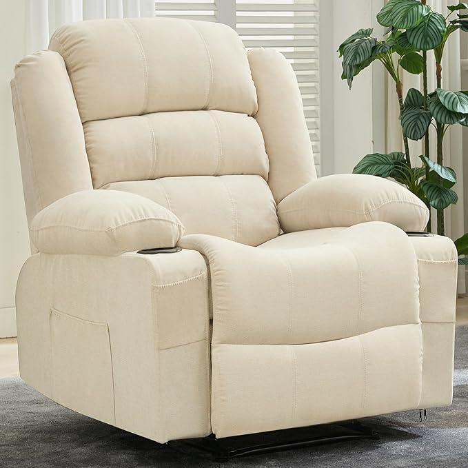 Wide Recliner Chair for Adults Large Manual Pull Tab Reclining Chair with Dual Cup Holders 3 Recline Positions Side Pockets Supports 350 Lbs Overstuffed Single Sofa for Living Room