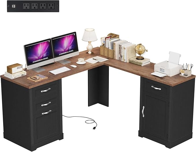 HIFIT Farmhouse Executive L Shaped Desk with Power Outlets 60 Corner Computer Desk with 3 Storage Drawers &amp 2 File Cabinets L Shaped Home Office Desk for StudyBlack