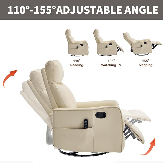 High Back Massage Recliner with Heat - Swivel Rocking Chair for Small Spaces Manual Lazy Boy Recliner for Adults Perfect for Living Room &amp Bedroom Soft Fabric (Beige FL)