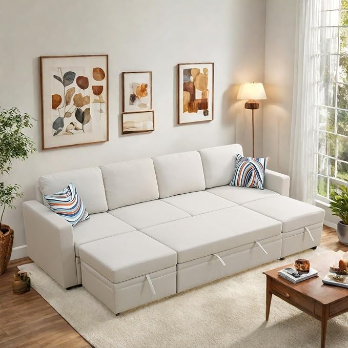 FONTOI 102 Inch L Shaped Sectional Couch with Pull Out Bed 6-Seat Sleeper Sofa with Storage Ottoman Convertible Sofa Bed for Living Room Apartment Off White