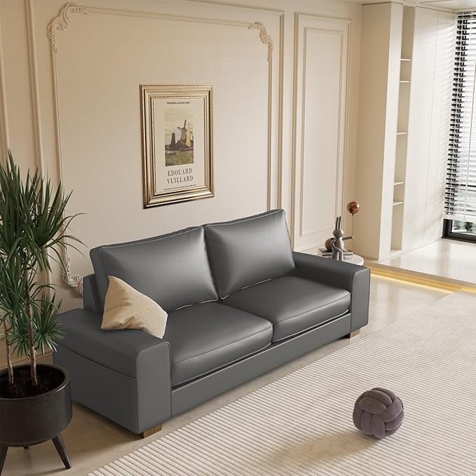 Faux Leather Couch Mid Century Modern Comfy Loveseat Sofa with Wide Arm Side Pockets Solid Wooden Frame for Office Living Room and Bedroom 2 Seater (Gery 71.25 Inches)