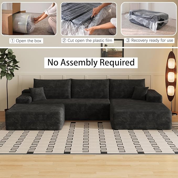 108 U Shaped Sectional Corduroy Boneless Couch with 1 Ottoman Modern Modular Couches for Living Room Apartments Upholstered Cloud Sofa with Deep Seat No Assembly Required (Black)