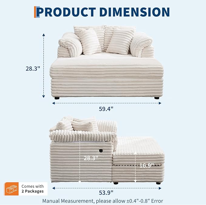 Oversized Chaise Lounge Chair Indoor Upholstered Sofa Bed with Throw Pillows and Armrests Comfy Corduroy Sleeper Couch with Cup Holders and Charging Port for Living Room Bedroom 60 Inch Wide White