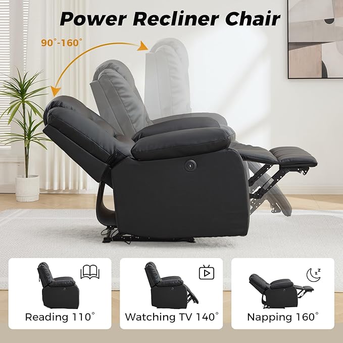 EBELLO Classic Power Recliner Chair Faux Leather Oversized Electric Overstuffed Chair with Soft Cushion and Back Sofa with Comfortable Armchair for Living Room Black