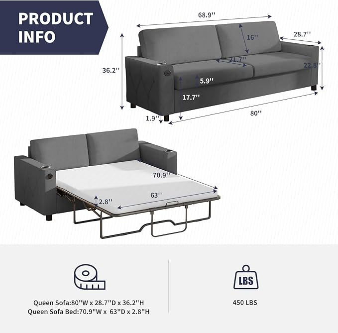 80'' Pull Out Sofa Bed 2 in 1 Sleeper Sofa with Cup Holder &amp USB Charging Ports Queen Size Guest Bed with Memory Foam Mattress Convertible Couch for Small Spaces - Dark Grey