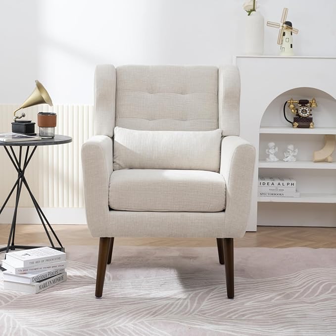 Modern Accent Chair Upholstered in Chenille Fabric Perfect for Living Room or Bedroom (Beige)