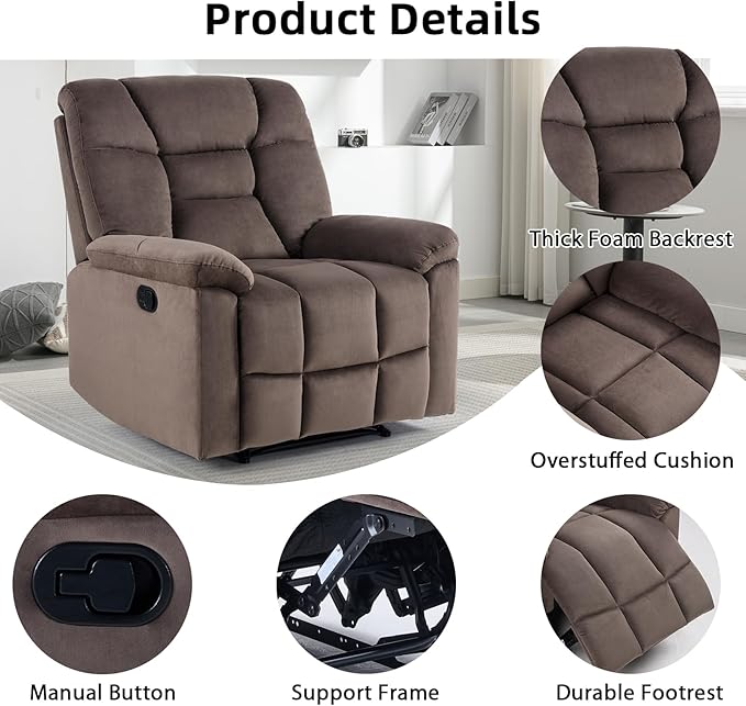 EBELLO Manual Recliner Chair for Adults with Soft Padded Headrest and Backrest Overstuffed Single Recliner Sofa Chair for Living Room Dark Brown