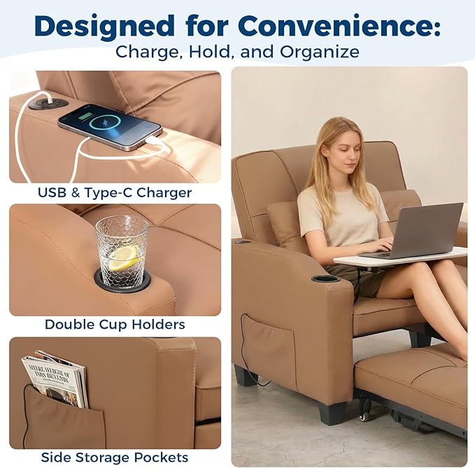 Sleeper Chair Pull Out Bed 4 in 1 Convertible Sofa Chair Bed with Vibration Massage Lumbar Pillow Single Sofa Recliner with USB/Type-C Port Cup Holders and Side Pocket for Small Spaces (Brown)