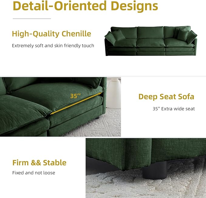 111.5 Modular Sectional Sofa Deep Seat Cloud CouchConvertible 3-Seater Comfy Chenille Upholstered Sofa Set for Living Room Apartment Studio – Green