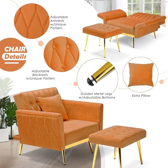 Velvet Accent Chair with Adjustable Backrest and Armrests Single Recliner Armchair with Ottoman and Golden Mental Legs for Living Room Bedroom and Waiting Room Orange