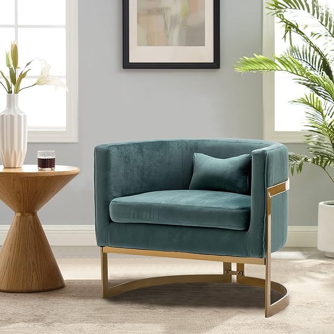 Velvet Accent Chair Modern Upholstered Arm Chair for Living Room Bedroom Sofa Side Chair Velvet Barrel Chair with Gold Legs Lake Blue