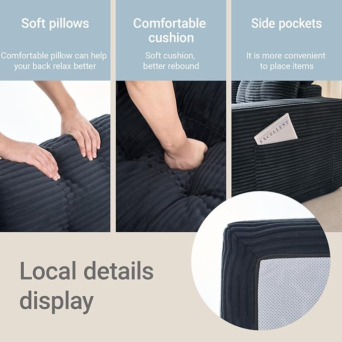 Fefances 66.93”Boneless Sofa Bed 2-in-1 Convertible Loveseat &amp Folding Futon Couch Small Space-Saving Design with Corduroy Fabric for Living Room Bedroom Studio Apartment - Black