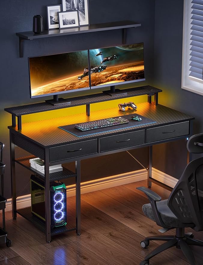 Rolanstar Computer Desk with Power Outlets &amp LED Light 55 inch Home Office Desk with 3 Drawers and Storage Shelves Writing Desk with Monitor Stand Modern Work Desk for Home Office Carbon Black