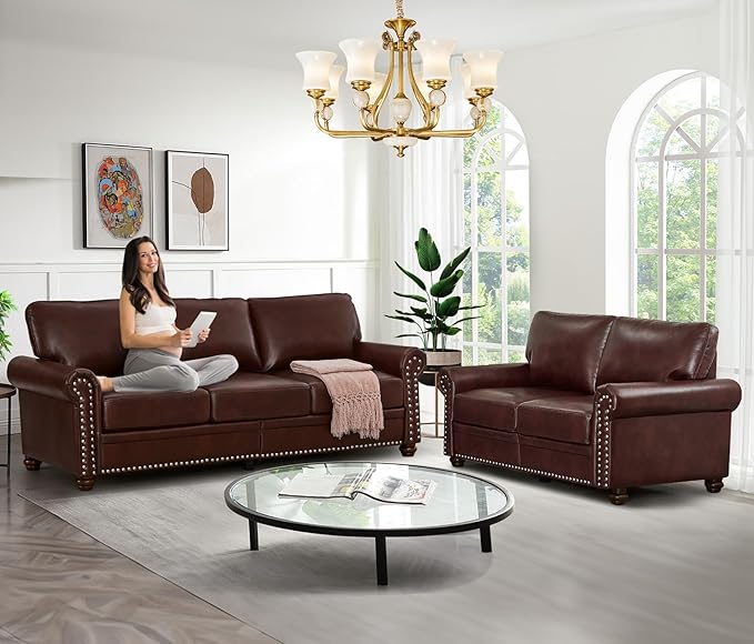 Antetek Comfy Upholstered PU Leather Sofa 82.6-inch Mid-Century Modern Loveseat Sofas with Storage Space &amp Solid Bun Feet 3-Seater Couches for Living Room Small Space Bedroom Brown