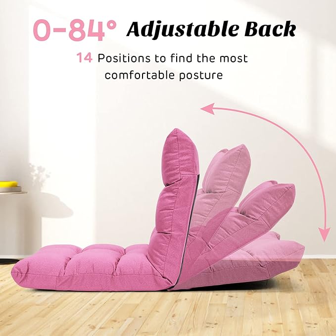 Giantex Adjustable Floor Gaming Sofa Chair 14-Position Cushioned Folding Lazy Recliner High Resilience Sponge Breathable Cotton &amp Linen Fabric Sleeper Bed Couch Recliner with Removable Cover (Pin