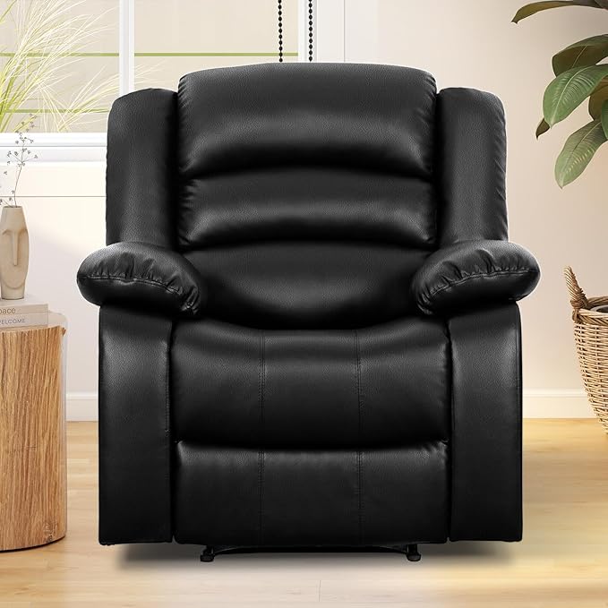 ANJ Black Recliner Chair Set of 2 with Overstuffed Arm and Back Breathable Faux Leather Manual Reclining Chairs Living Room Single Sofa Recliners