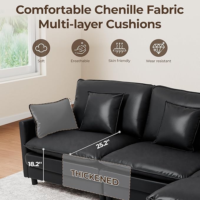 113'' L Shaped Cloud Couch 4-Seater Modular Sectional Sofa with Double Layer Upholstered Seat Cushion PU Deep Seat Couches with Ottoman &amp Pillows for Living Room Bedroom &amp Apartment Black