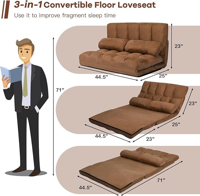 KOMFOTT Adjustable Floor Sofa Bed Foldable Lazy Sofa Sleeper Bed with 6 Position Backrest &amp 2 Pillows Convertible Futon Couch Bed with Suede Cloth Cover Lounge Recliner for Living Room (Coffee)