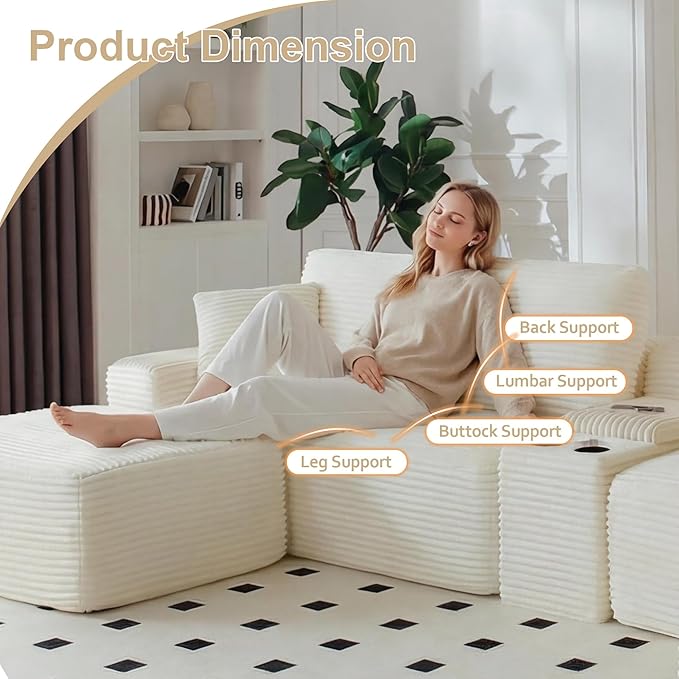 150 Oversized Modular Sectional SofaU-Shape Corduroy Couch with USB Ports and Cup HoldersWireless Charging &amp Storage BoxModular Sleeper Sofa for Living Room (Beige 150 Inch)