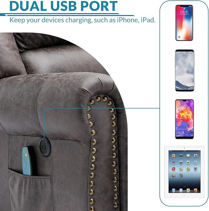 Power Electric Lift Recliner Chair with Massage and Heat for Elderly 2 Remote Controls 2 Side Pockets and USB Ports (Grey)